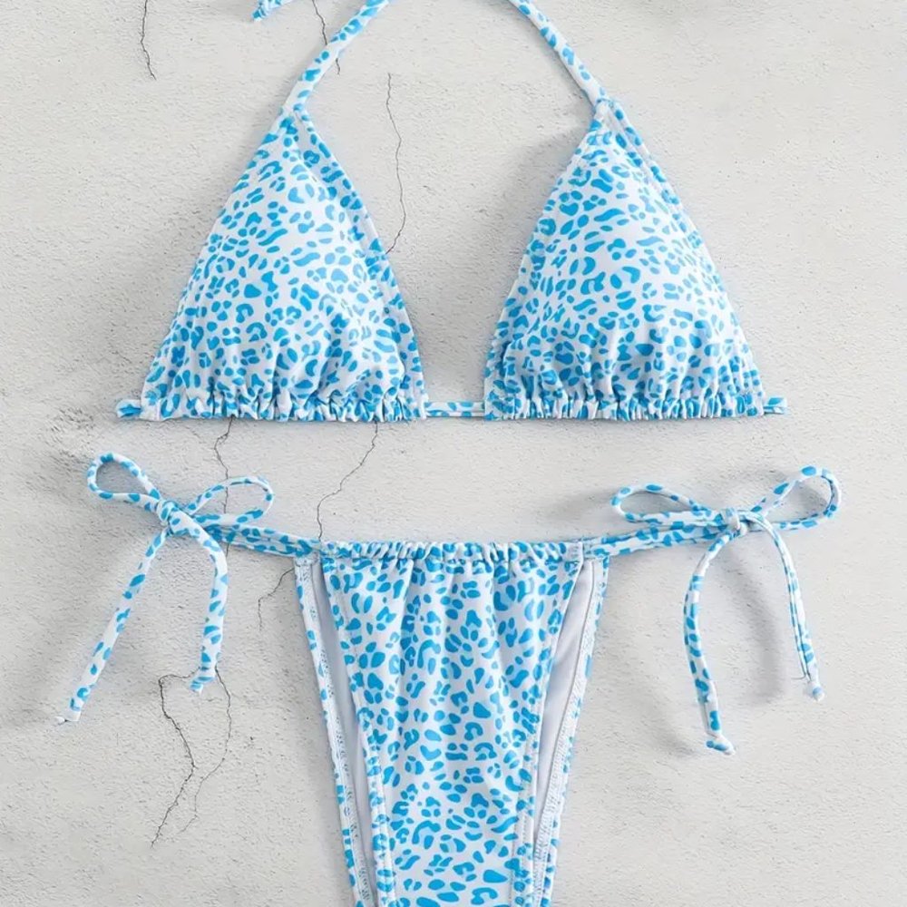 2 Piece Swimsuit, Halter Tide Side Triangle Bikini, Spaghetti Strap - Blue